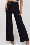 Black Ring Belted Ribbed Wide Leg Trousers