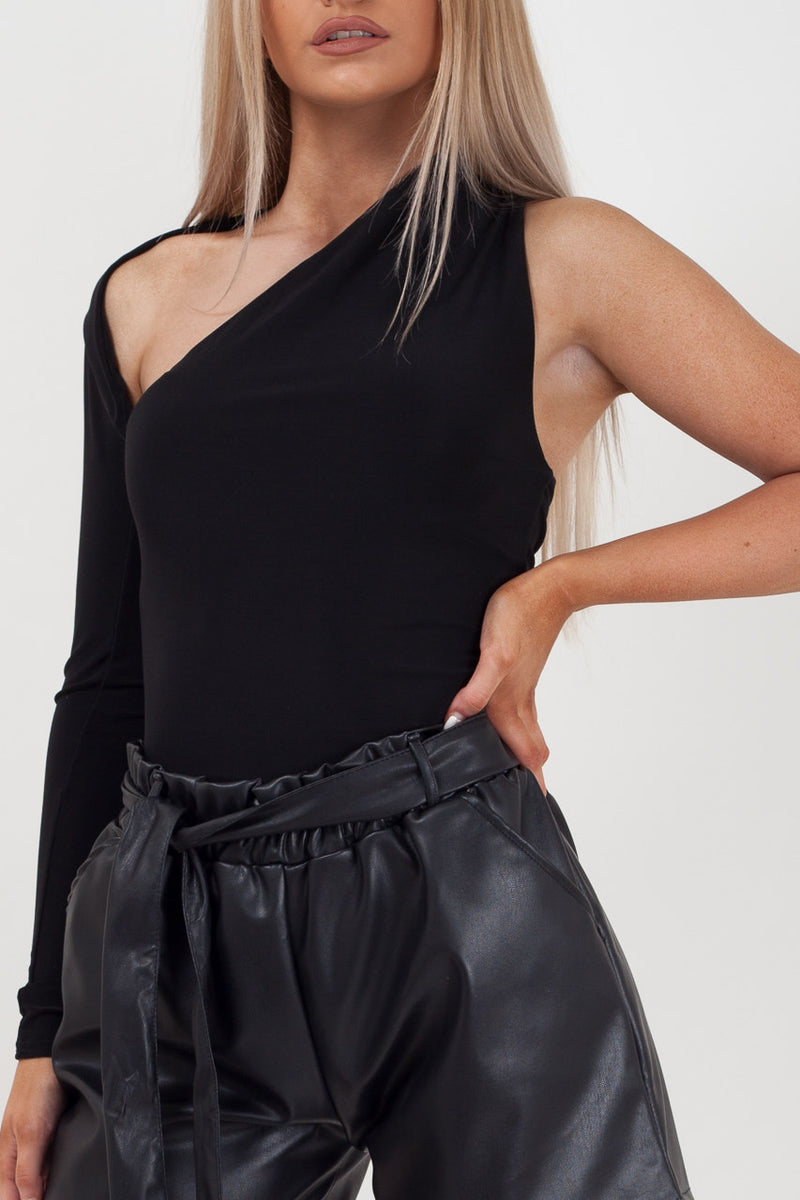 Black Slinky One Sleeve Cut Out Bodysuit