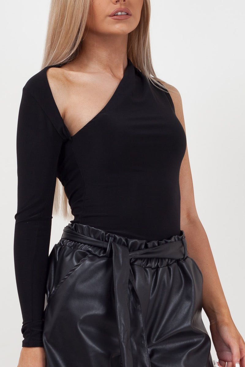 Black Slinky One Sleeve Cut Out Bodysuit
