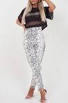 Cream Snake Print Zip Front PU Leggings