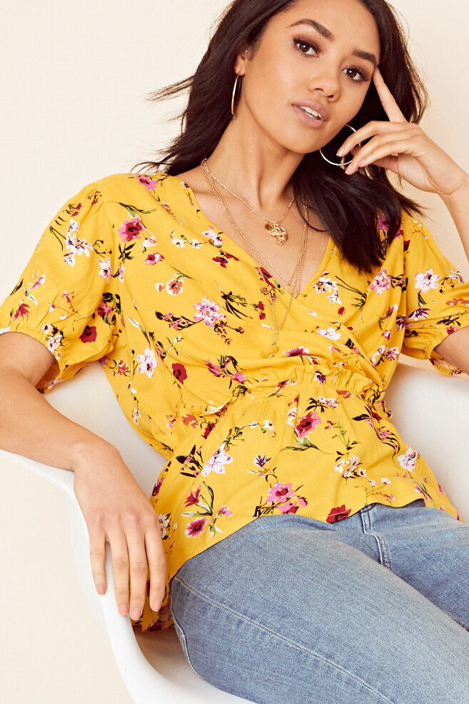 Yellow Floral Wrap Top with Tie Sleeve Detail