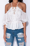 White Crochet Lace Trim Cold Shoulder Top