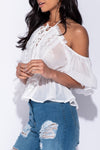 White Crochet Lace Trim Cold Shoulder Top