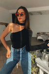 Black One Shoulder Cut Out Choker Bodysuit