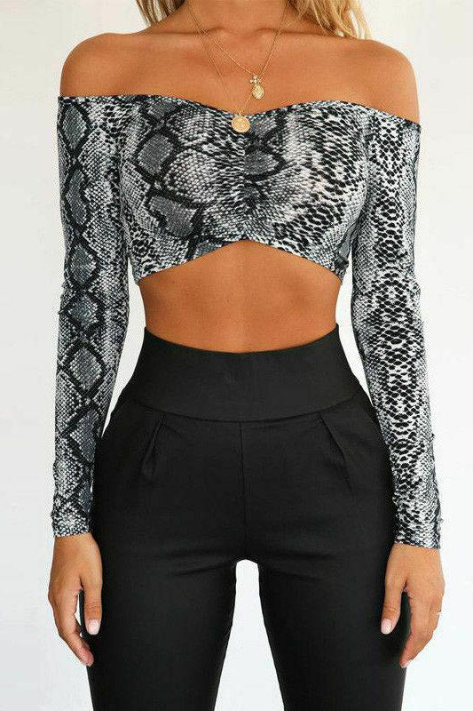 Grey Off Shoulder Snake Print Long Sleeve Crop Top