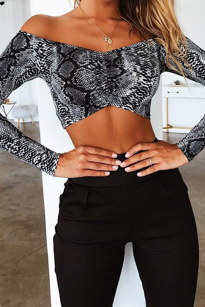 Grey Off Shoulder Snake Print Long Sleeve Crop Top