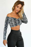 Grey Off Shoulder Snake Print Long Sleeve Crop Top