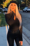 Black Ribbed Zip Front High Neck Bodysuit