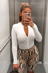 White Ribbed Zip Front High Neck Bodysuit