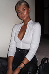 White Ribbed Zip Front High Neck Bodysuit