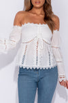 White Lace Trim Bardot Ruched Detail Top