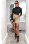 Camel Paperbag Waist Denim Mini Skirt 