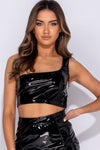 Black Vinyl One Shoulder Crop Top