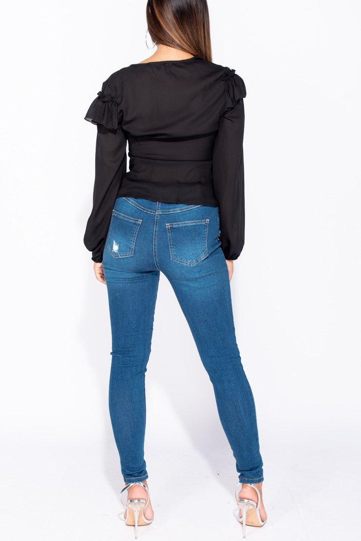 Black Frill Detail Button Front Blouse