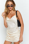 Champagne Satin Cowl Ruched Slip Mini Dress