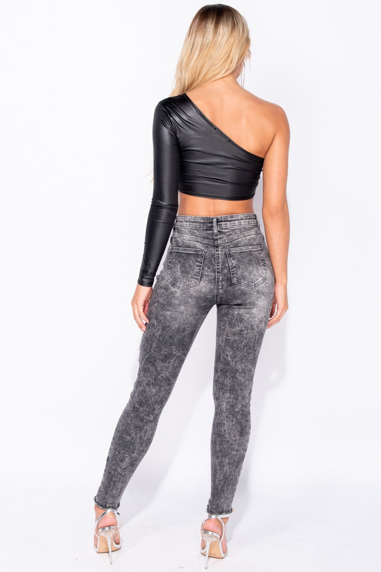 Black Wet Look One Shoulder Crop Top