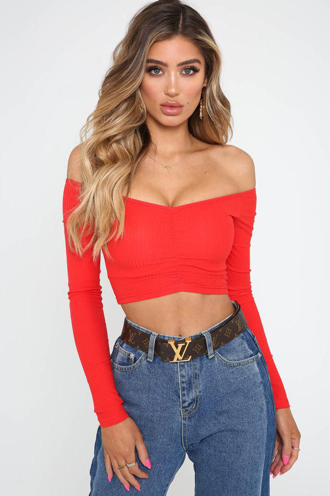 Red Ruched Rib Off Shoulder Crop Top