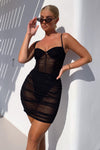 Black Sheer Mesh Ruched Bustier Mini Dress