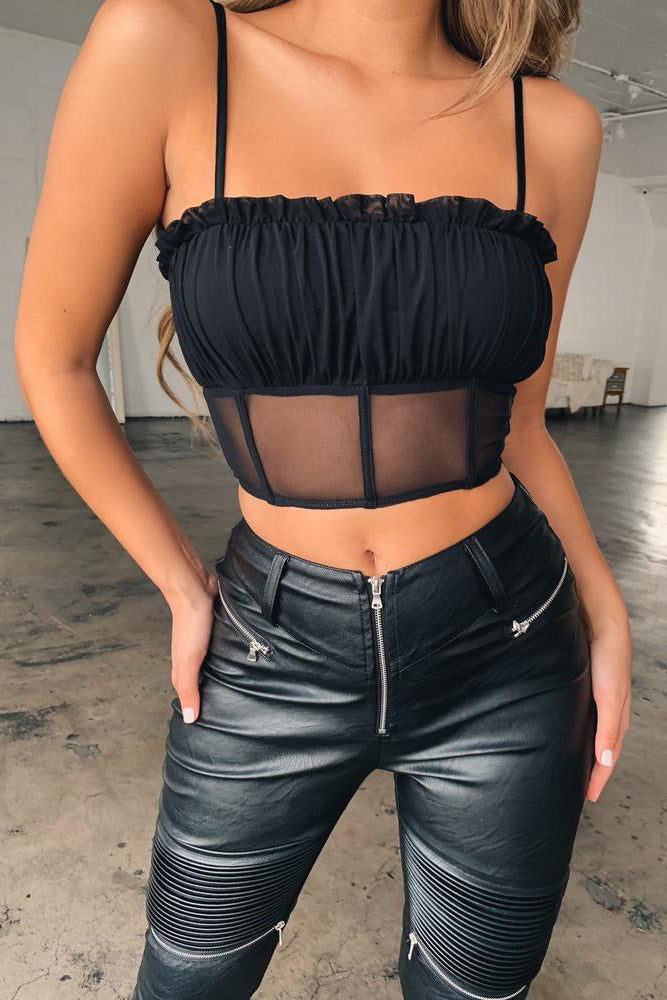 Black Ruffled Mesh Spaghetti Strap Crop Top