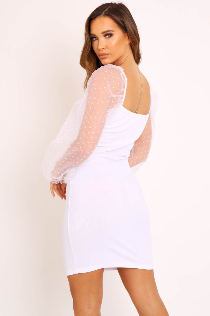 White Mesh Organza Polka Sleeve Ribbed Mini Dress