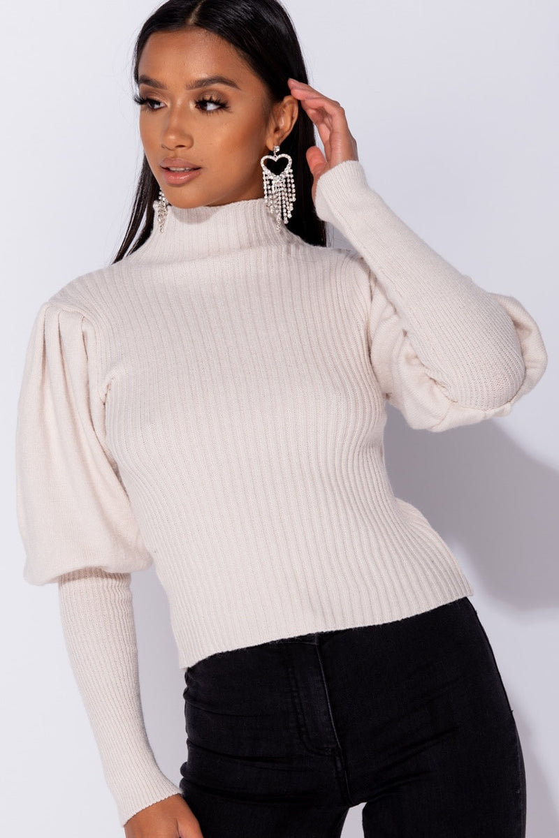 Stone Puff Sleeve High Neck Knitted Jumper