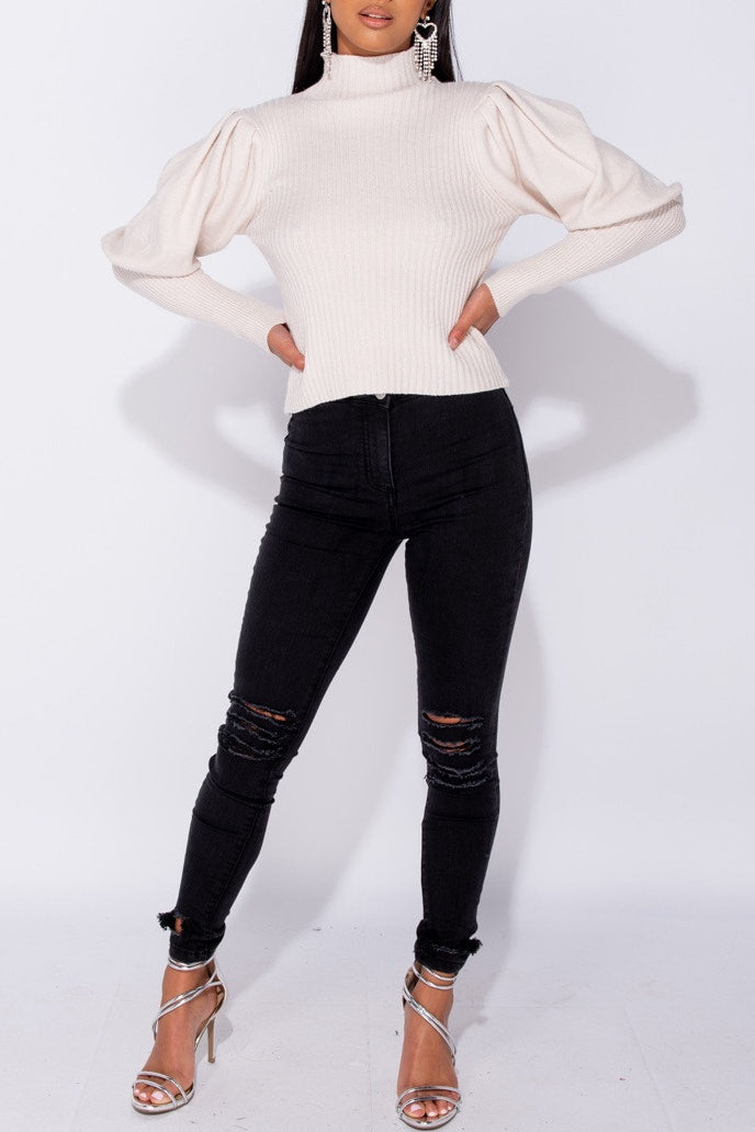 Stone Puff Sleeve High Neck Knitted Jumper