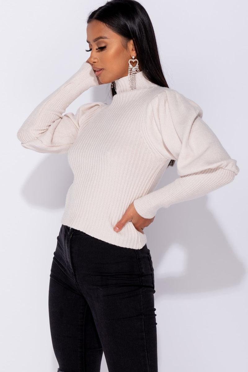 Stone Puff Sleeve High Neck Knitted Jumper