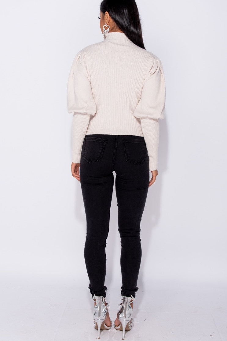Stone Puff Sleeve High Neck Knitted Jumper