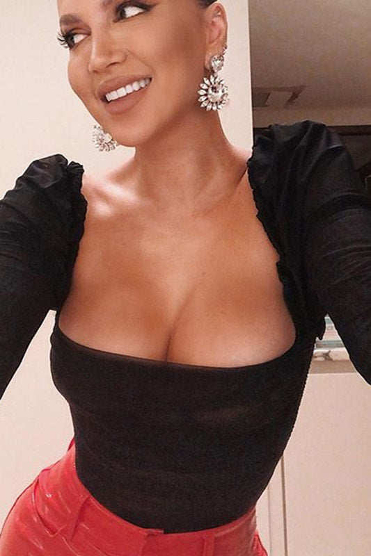 Black Ruched Chiffon Puff Sleeve Bodysuit