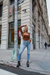 Mocha Ruched Chiffon Puff Sleeve Bodysuit