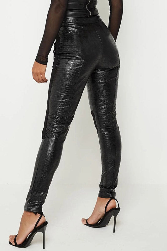Black Croc Faux Leather Panel Trousers