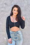 Black Ribbed Long Sleeve Corset Crop Top