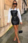 Black Croc Print Strappy PU Mini Dress