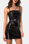 Black Croc Print Strappy PU Mini Dress