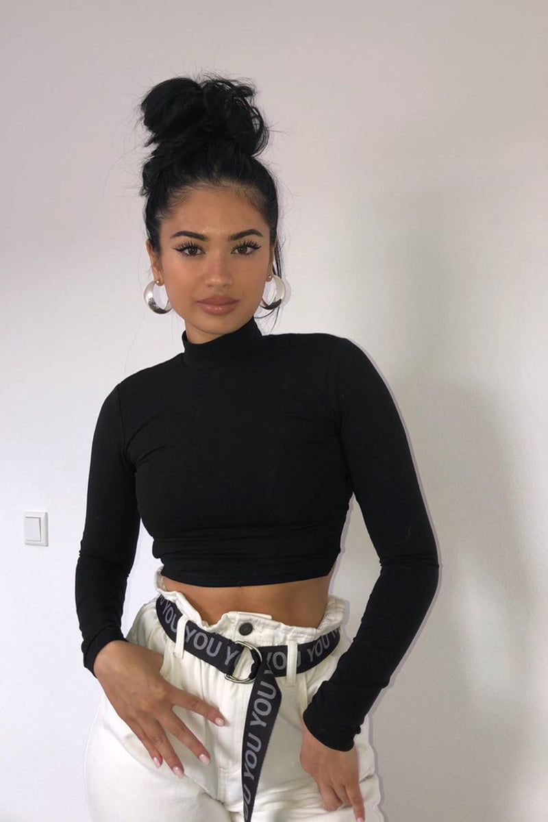 Black Strappy Back High Neck Crop Top