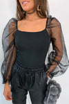 Black Ribbed Mesh Puff Sleeve Top