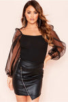 Black Ribbed Mesh Puff Sleeve Top