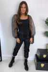 Black Ribbed Mesh Puff Sleeve Top