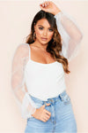 White Ribbed Mesh Puff Sleeve Top