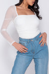 Cream Ruched Sheer Puff Sleeve Bodysuit