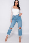 Cream Ruched Sheer Puff Sleeve Bodysuit