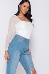 Cream Ruched Sheer Puff Sleeve Bodysuit