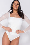 Cream Ruched Sheer Puff Sleeve Bodysuit
