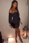 Black Polka Dot Ruched Off Shoulder Mini Dress