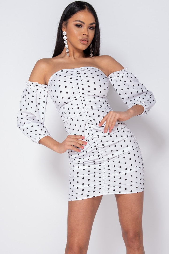 White Polka Dot Ruched Off Shoulder Mini Dress