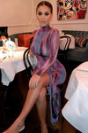Multi Printed Turtleneck Asymmetric Split Maxi Dress