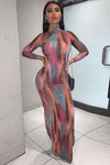 Multi Printed Turtleneck Asymmetric Split Maxi Dress