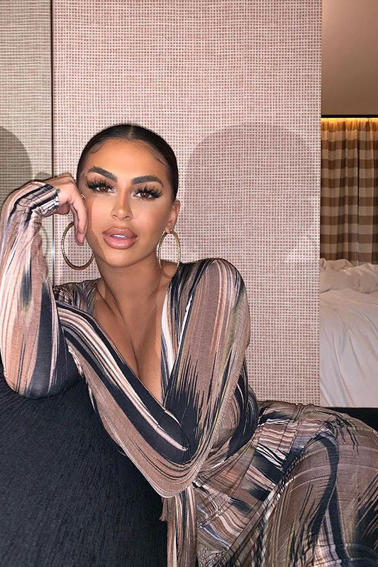 Brown Printed Plunge Tie Front Maxi Dress