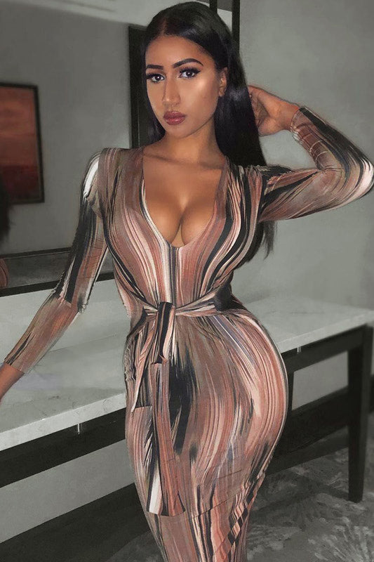 Brown Printed Plunge Tie Front Maxi Dress