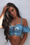 Light Blue Denim Tie Front Bustier Crop Top
